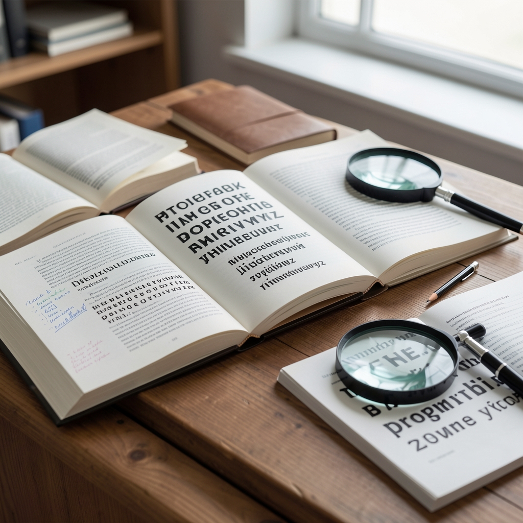 Рабочий стол исследователя с открытыми книгами по типографике, образцами шрифтов, лупой и карандашными заметками