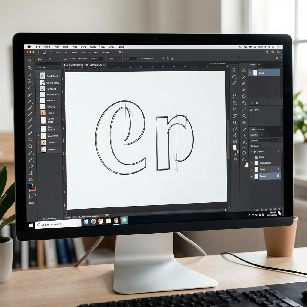 Экран монитора с векторным редактором Glyphs, на котором открыт набросок контуров буквы 'g' с узловыми точками