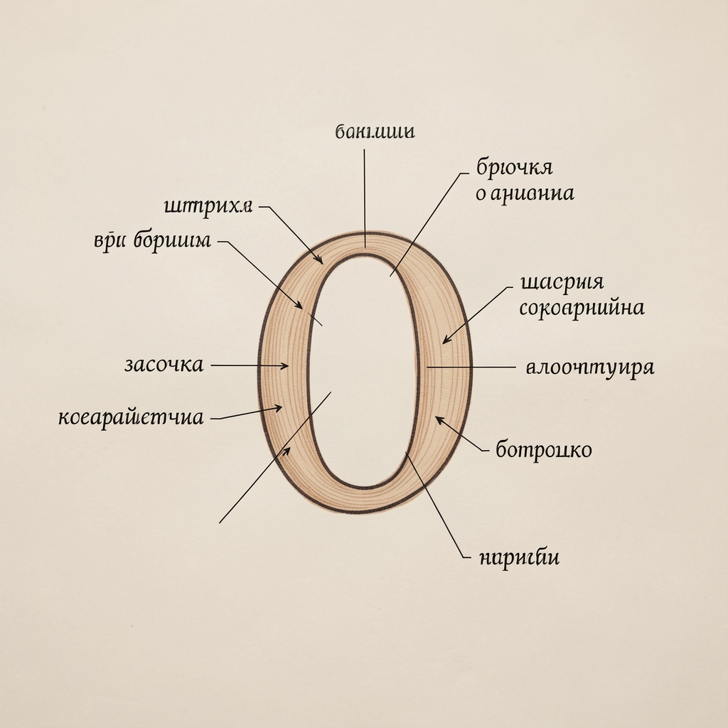 Детальная схема анатомии рукописной буквы с подписями основных элементов: штрих, засечка, брюшко, апертура на светлом фоне